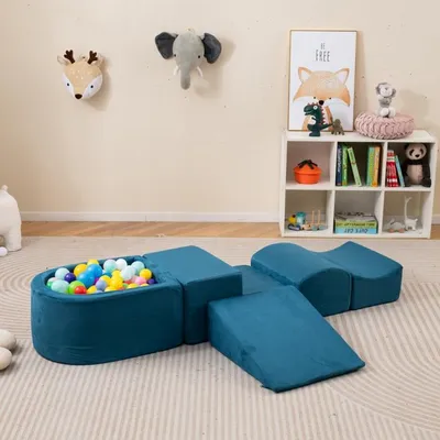 Image de COSTWAY, lot de 5 blocs de construction en mousse, blocs géants avec piscine à balles, grands blocs pour se défouler et grimper, blocs d'escalade souples, sans balles, bleu