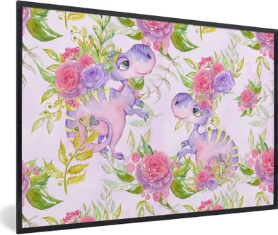 Produktbild von MuchoWow® Gerahmtes Poster Dinosaurier - Blumen - Kinderzimmer - Mädchen - Rosa - Mädchen 90x60 cm - Poster mit Schwarzem Bilderrahmen Wandposter Rahmen Foto Bilder - Fotorahmen - Foto-Plakat