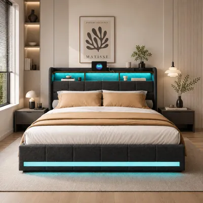 Obrázek produktu pro Postel INONEFT, rozměr 140x190 cm, čalouněná, s LED osvětlením a USB porty, jednolůžko pro mládež se 4 zásuvkami a 3 úložnými prostory, materiál: len, barva: šedá, Obrázek vytvořený pomocí AI