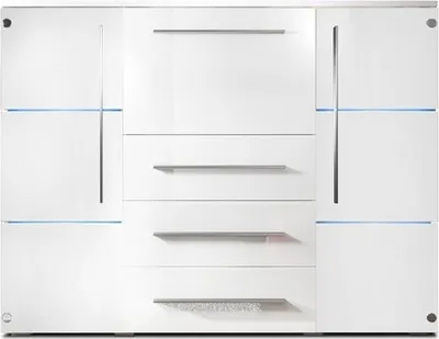 Produktbild von Kommode, BARY, Schrank , LED Beleuchtung, Schubladenkommode mit Türen (Seitentüren (Glas) Weiß + Mitte Weiß)