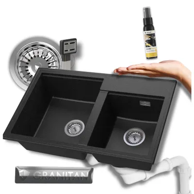 Produktbild von Granitan - Granitspüle - Spülbecken 80x50 cm - Küchenspüle Schwarz - mit Siphon - 2 Becken - HEKTOR