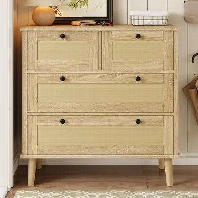 Immagine prodotto di Cassettiera con 4 cassetti in rattan, mobile contenitore con gambe in legno massiccio