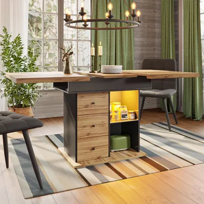 A dining table with storage and LED lighting in a dining room setting.
