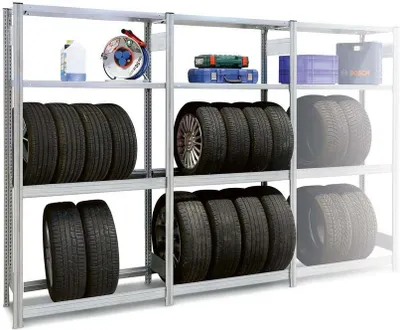 Produktbild von Reifenregal GRIP mit Ablage Stecksystem | HxBxT 200x101x40cm | Fachlast 250kg | 2 Reifenebenen & 2 Fachböden | Verzinkt