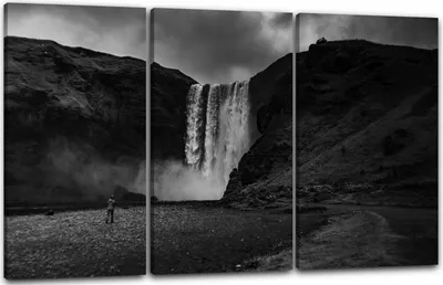Produktbild von Leinwandbild 3-teilig (120x80cm): Wasserfall Fotografie Natur-Bilder schwarz-weiß black-white landscape, echter Holz-Keilrahmen inkl. Aufhänger, handgefertigt in Deutschland