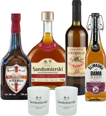 Produktbild von Setz von 4 Mets mit Bechern (Honigwein Dwójniak-Halber / 3x Trójniak-Drittel) |2750ml | 13-16% Alkohol Metwein | Polnische Produktion