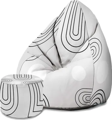 A bean bag chair and ottoman with a black and white abstract pattern on a white background.