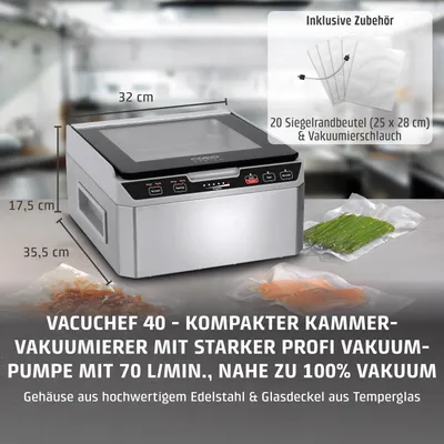 Produktbild von Caso VacuChef 40 - Kammervakuumierer aus Edelstahl, 3L Vakuumkammer 70 Liter/Minute, doppelte Schweißnaht, einstellbare Vakuum- und Schweißzeit, 1417