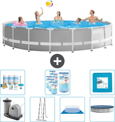 Produktbild von Intex Round Prism Frame Swimming Pool – 548 x 122 cm – Grau – inklusive Pumpe – Leiter – Bodenplane – Abdeckung Wartungspaket - Filter - Bodenfliesen