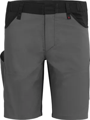 A pair of gray and black shorts shown from the front.