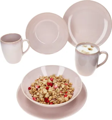 Produktbild von Ossia 6tlg Tearose rosa Frühstücksset Steingut Teller Kaffee-Becher Müsli-Schale