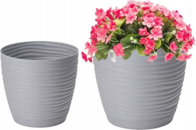 Zdjęcie produktu dla Plastikowa doniczka z podstawką szara 14,7x13,6 cm
