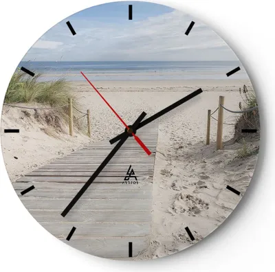 Produktbild von Wanduhr - Rund - Glasuhr - Strand Düne Eintritt - 30x30cm - Schleichendes Uhrwerk - Lautlos - zum Aufhängen bereit - Dekoration Modern - Wanddekoration aus Glas - C3AR30x30-4188