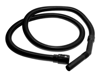 A black vacuum cleaner hose with a handle and nozzle, laid out on a white background.