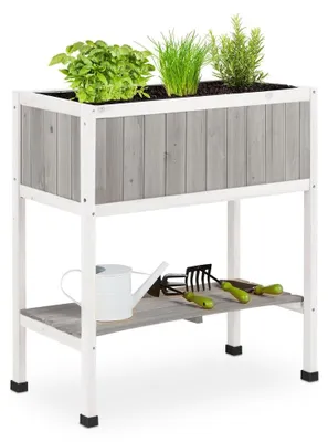 Zdjęcie produktu dla Donica ogrodowa drewniana podniesiona - Z półką - 80,5 x 74 x 38 cm - Do ogrodu, balkonu lub tarasu - Do warzyw, ziół i kwiatów