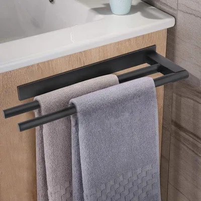 Produktbild von Wandmontierter Doppelhandtuchhalter aus Edelstahl für Badezimmer und Küche - schwarz