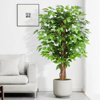 Image de Ficus artificiel, 120 cm de haut, grande plante artificielle avec un tronc en bois naturel, grand arbre artificiel pour le salon, la chambre, le bureau ou le jardin.