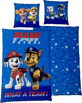 A collection of Paw Patrol themed bedding items, including pillowcases and a duvet cover, displayed together.