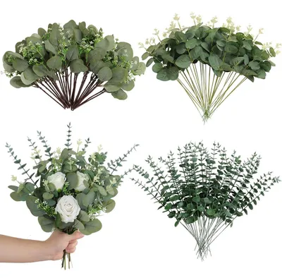 Produktbild von Künstliche Zweige & Kunstblumen 90 Stück Weiß Grün Eukalyptus Dekozweige DIY Blumenstrauß Hochzeit Tischdekoration
