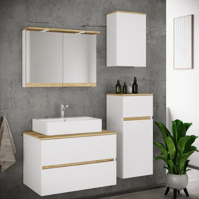 Produktbild von VCM 5-tlg. Waschtisch Set mit Keramikbecken, Badschrank mit 2 Softclose-Schubladen, Midischrank, Hängeschrank, Spiegelschrank mit Beleuchtung und Steckdose, Maße Unterschrank H. 51 x B. 80 x T. 47 cm, Cosila-A