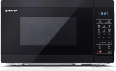 A black SHARP microwave oven with a silver base is shown against a white background. The microwave has a glass door and a control panel with buttons and a digital display.
