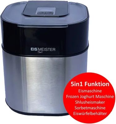 A product shot of an ice cream maker with a red circular overlay containing text about its functions.
