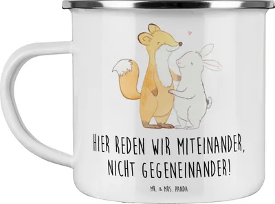 Produktbild von Mr. & Mrs. Panda Emaille Tasse Konflikte friedlich lösen - Weiß - Geschenk, gegenseitiges Verständnis, Zuversicht, Vertrauem, Becher, Lebenshilfe, Streitschlichtung, Pott