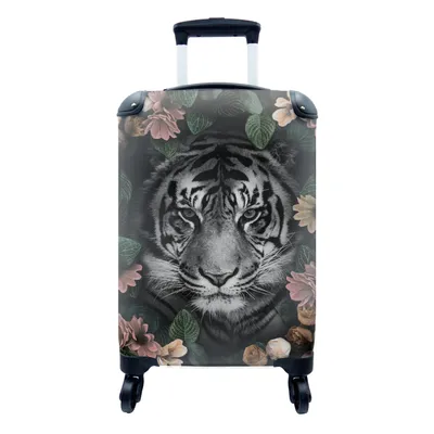 Produktbild von MuchoWow® Koffer Handgepäck Trolley Rollkoffer Kleine Reisekoffer mit 4 Rollen - Tiger - Blumen - Schwarz - Weiß - Cabin Size < 55x40x23 cm & 55x40x20 cm - Fotokoffer - Kabinenkoffer - Boardgepäck - Reise-Box - Reisekoffer - Reisegepäck - Koffer mit Bild - Trolley für Kinder