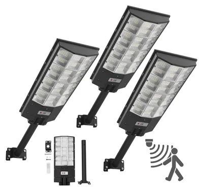 Obrázok produktu pre Solárne pouličné osvetlenie – sada 3 ks LED pouličná lampa 8000 W – jas 450000 lm – senzor súmraku – detektor pohybu – IP67 vodotesné – LED reflektor vonkajšie použitie – vjazd a dvor
