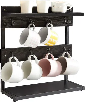 Imagen del producto de Soporte para utensilios de cocina con 8 ganchos, soporte para tazas de café para encimera, estante para tazas con compartimento de almacenamiento, ideal para cocina, comedor, cafetería, 40 x 15 x 40 cm, color