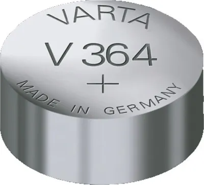 A close-up, studio shot of a VARTA V364 silver-oxide watch battery.