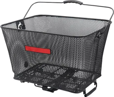 A black metal bicycle basket with a red accent.