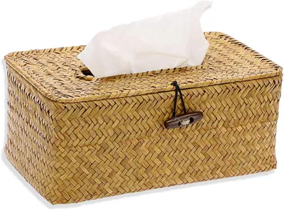 Produktbild von Handgeflochtene Taschentuchbox aus Rattan, naturkhakifarbenes Papier, 23 x 13 x 9 cm