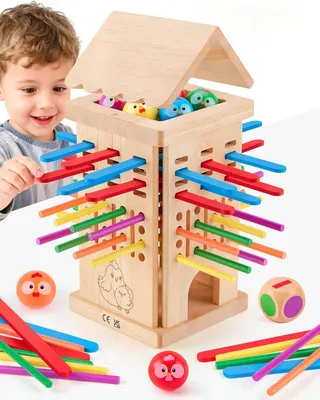 Produktbild von Montessori Spielzeug ab 3 4 5 6 Jahren - Brettspiele aus Holz, Kinder Lernspielzeug mit Bunten Stäbchen & Ball, Würfel Brettspiel für Motorik