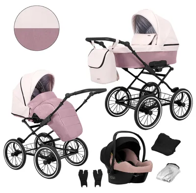 Immagine prodotto di Carrozzina Kunert Romantic 3 in 1 in ecopelle bianca/rosa con seggiolino Cosmo e telaio nero