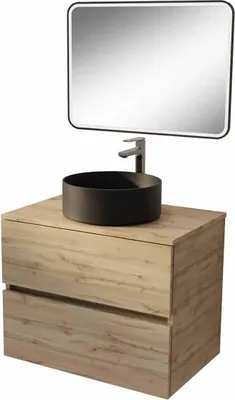 Image de Meuble de salle de bains 70cm TIMBERReproduction Chêne 2 tiroirs Vasque noire sur plan et miroir LED 70x50