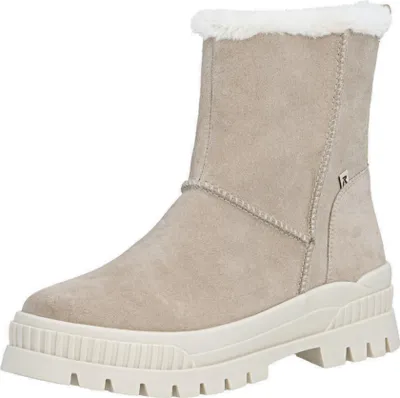 A single beige boot with white trim and a white sole is shown against a white background.