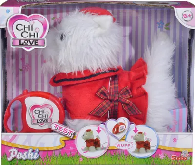 A toy dog named Poshi in its retail packaging.
