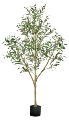 Productafbeelding van VEVOR Kunstolijfboom, 1,5 meter, met zwarte pot. Kunstboom met een natuurlijke houten stam en realistische groene bladeren en vruchten. Kunstplant voor binnen, geschikt voor huis, kantoor en woonkamer