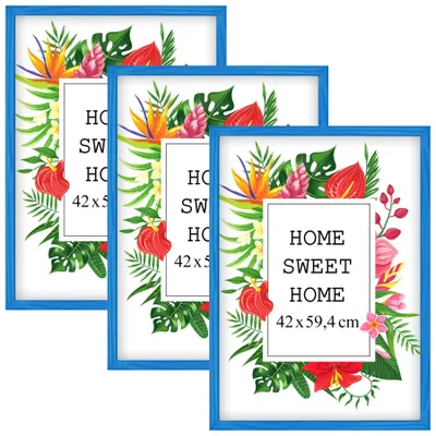 Obrázok produktu pre Sada 3 modrých rámov MG Design, formát A2 (42 x 59,4 cm) – Vyrobené z prírodného dreva s akrylovým sklom, vhodné na zavesenie aj na postavenie, pre fotografie, plagáty a puzzle