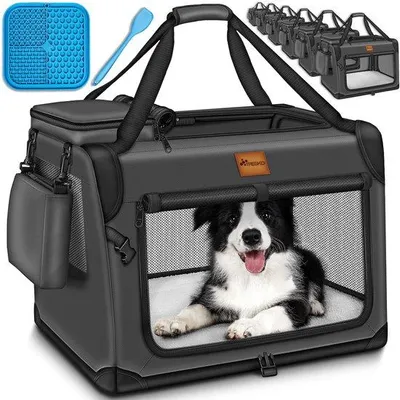 Produktbild von Famanu Transportbox für Hunde und Katzen - Faltbar mit Likmat und Spatel, S, 50 x 34 x 34 cm, anthrazit