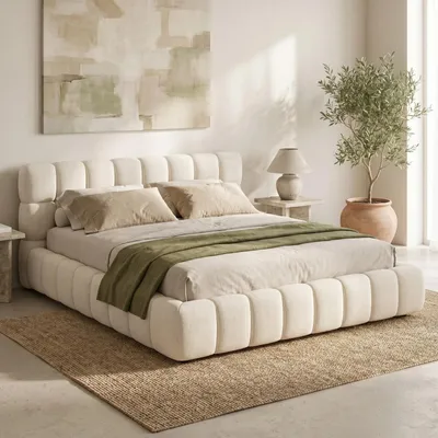 Produktbild von INONEFT Polsterbett Bubble Bett 140x190cm, Doppelbett mit Lattenrost, Jugendbett mit gepolstertem Kopfteil und Rückenlehne, Leinen, Beige