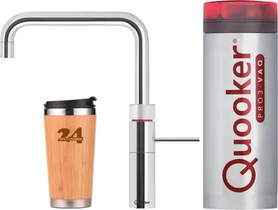 A Quooker tap, a reusable coffee cup, and a Quooker PRO3-VAQ unit are displayed against a white background.
