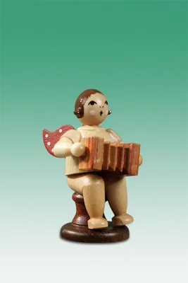 Produktbild von Holzfigur Musikantenengel mit Harmonika sitzend mit Krone natur Höhe 6,5cm NEU