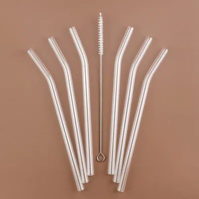 Produktbild von PRECORN 6 Stck. Glas Strohhalme gebogen transparent wiederverwendbar + Reinigungsbürste Spülmaschinenfest Trinkhalme Glastrinkhalme Glasstrohhalme