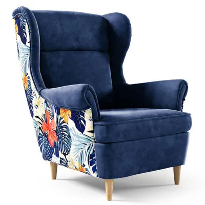 Image de Fauteuil à oreilles HAVANA Print - Fauteuil relax scandinave à haut dossier, design moderne, marine, pieds en hêtre