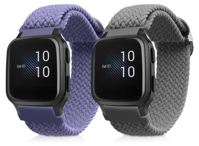 Produktbild von kwmobile 2x Uhrenarmband für Garmin Venu Sq Music / Sq Armband - Fitnesstracker Band Set aus Nylon - Ersatzarmband Smartwatch - Grau Lavendel