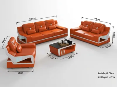 Zdjęcie produktu dla Nowoczesny zestaw do salonu: 3-osobowa sofa, 2-osobowa sofa, fotel, kolor pomarańczowy i biały