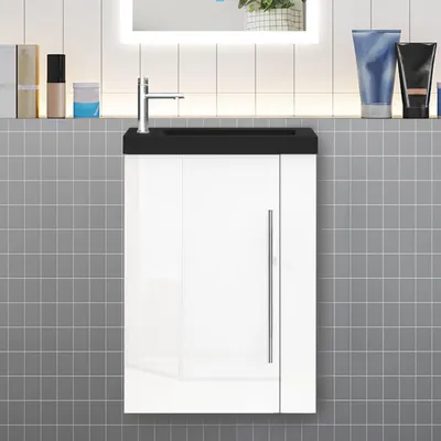 Produktbild von Badmöbel 45cm Schwarz Waschtisch mit Unterschrank Hochglanz Weiß Hängeschrank Badschrank Kleine Badezimmerschränke