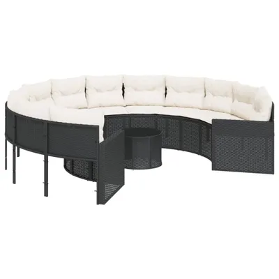 Produktbild von vidaXL Gartensofa mit Tisch und Kissen Rund Schwarz Poly-Rattan